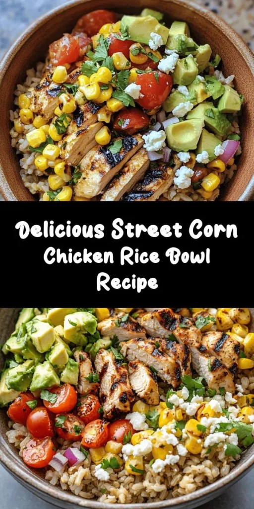 Enjoy a burst of flavor with this Street Corn Chicken Rice Bowl! Packed with tender brown rice cooked in chicken broth, succulent grilled chicken, and vibrant veggies like corn, cherry tomatoes, and avocado, this dish is as nutritious as it is delicious. Top it off with a zesty lime-chili sauce and optional feta for an extra creamy touch. Perfect for a quick weeknight dinner or meal prep, this bowl is sure to please everyone at the table!