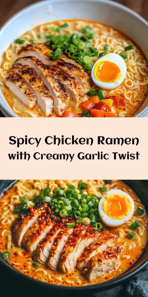 Spice up your dinner with this Fiery Chicken Ramen featuring a creamy garlic sauce! Perfect for those who love a kick of flavor, this recipe combines tender chicken thighs marinated in chili paste, savory soy sauce, and butter-smooth garlic cream. Toss in fresh vegetables for crunch and top with a perfectly soft-boiled egg for the ultimate comfort meal. Ready in just 40 minutes, it's a delicious bowl of warmth. Give this recipe a try for a cozy night in!
