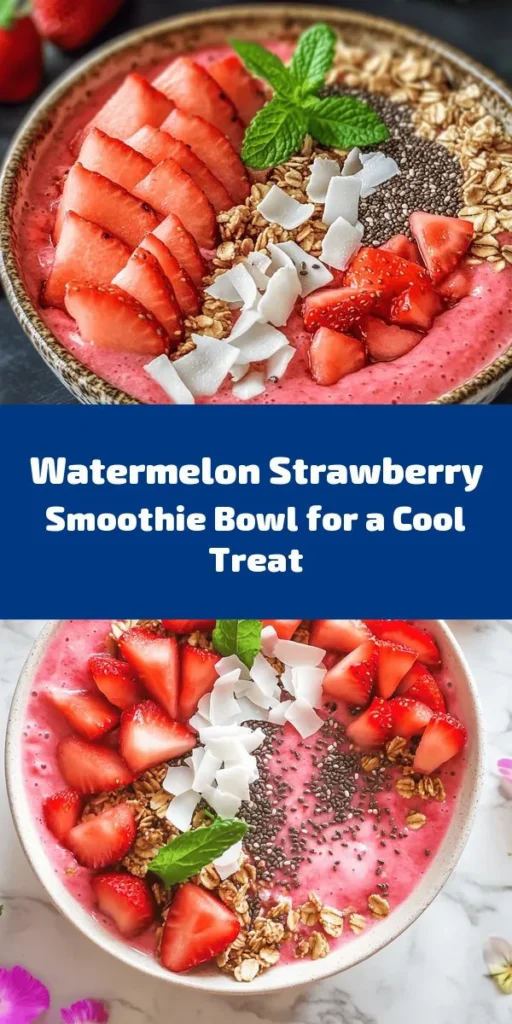 Beat the heat with this delicious Watermelon and Strawberry Smoothie Bowl! Made with frozen watermelon, strawberries, a ripe banana, and coconut water, it's a refreshing treat perfect for warm days. Customize it with Greek yogurt for creaminess and top it with sliced fruit, granola, coconut, chia seeds, and mint for a vibrant finish. Quick to prepare, this smoothie bowl takes just 15 minutes and serves two. Enjoy a nutritious and satisfying breakfast or snack!