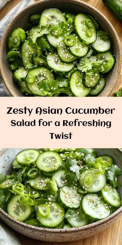 Enjoy a burst of flavor with this refreshing Asian Cucumber Salad! Perfect as a side dish or a light snack, this recipe combines crisp cucumbers with a tangy dressing made from rice vinegar, soy sauce, sesame oil, honey, ginger, and garlic. With a sprinkle of sesame seeds and green onions, it's easy to make and will be ready in just 30 minutes. Chill it to enhance the flavors and garnish with fresh herbs for an extra pop! Ideal for summer picnics or healthy meals.