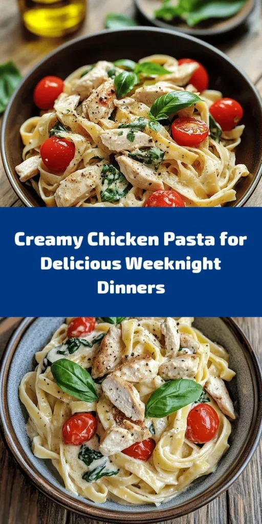 Indulge in this Creamy Chicken Pasta Delight that's perfect for a weeknight dinner! Featuring tender diced chicken, fettuccine, and a rich creamy sauce infused with garlic and Parmesan cheese, this dish is topped with fresh cherry tomatoes and spinach for a burst of color and flavor. With just 30 minutes of prep time, it's quick to make and is sure to please the whole family. Garnish with basil for an extra touch! Don't miss out on this delicious recipe!