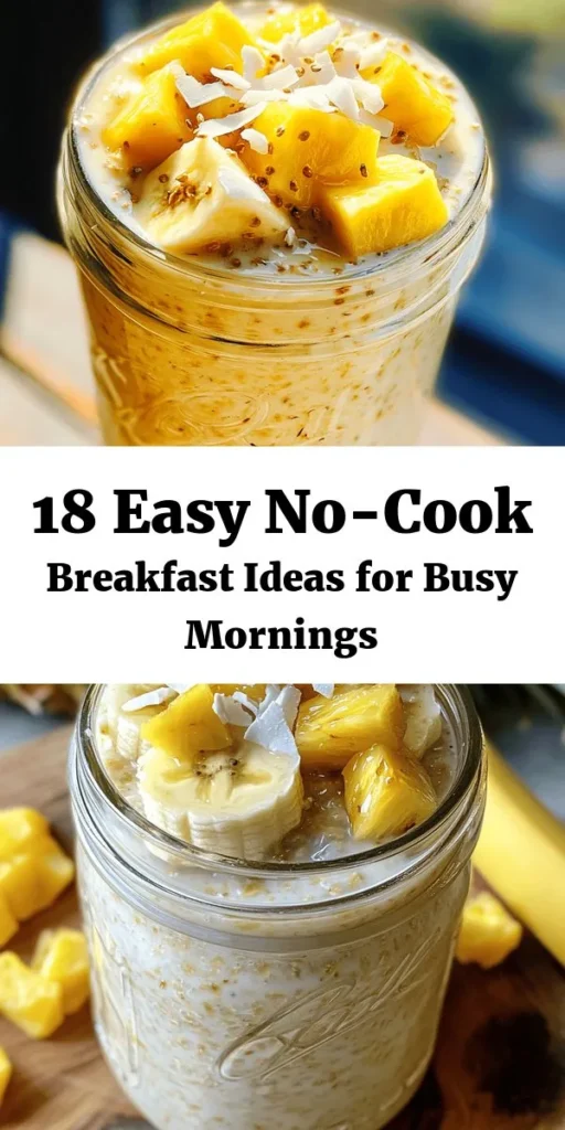 Start your day off right with these 18 unique no-cook breakfast recipes that are quick, delicious, and perfect for busy mornings! From Tropical Paradise Overnight Oats to Creamy Ricotta & Honey Toast, each dish is packed with flavor and nutrients. Enjoy fresh fruits, creamy yogurts, and wholesome grains that require minimal prep and no cooking. These easy recipes will not only simplify your breakfast routine but also keep you energized throughout the day!
