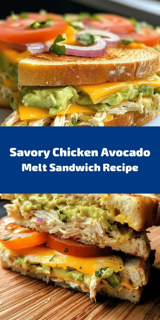 Whip up a delicious Chicken Avocado Melt Sandwich that's perfect for lunch or a quick dinner! This easy recipe combines shredded chicken, creamy avocado, and tangy cream cheese, all mixed with cilantro and lime for a fresh twist. Layer it between crusty bread and top with cheddar cheese for melty goodness. Optional tomatoes and red onion add extra flavor. In just 20 minutes, you’ll have a satisfying meal that’s packed with flavor. Enjoy this tasty treat!